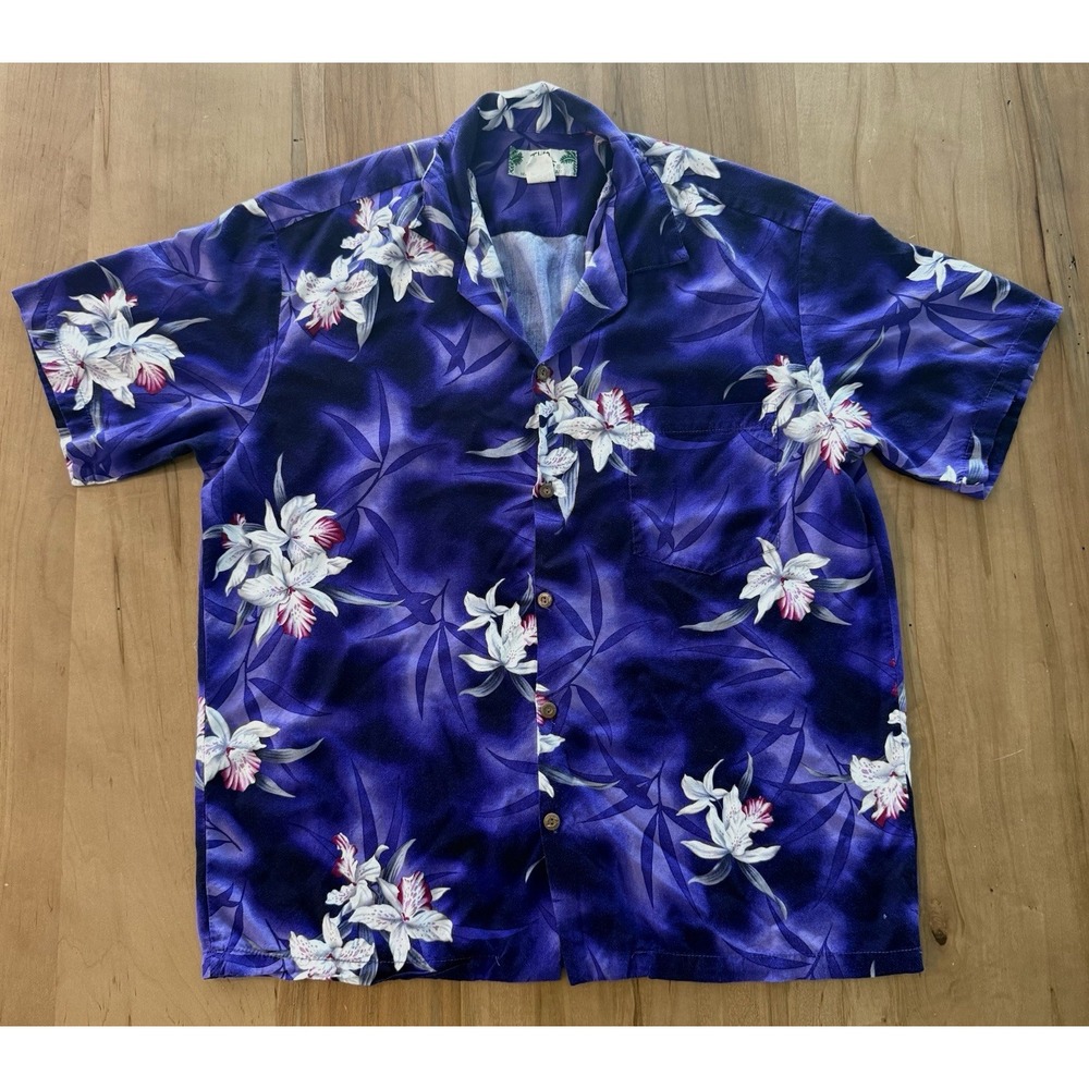 Vintage Two Palms Hawaiian Short Sleeve Button Up Shirt Purple Size L USA Rayon